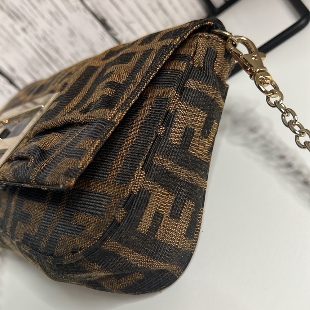 Fendi Vintage Zucca Baguette Shoulder Bag Brown Monogram Canvas Chain Strap - Picture 7 of 14